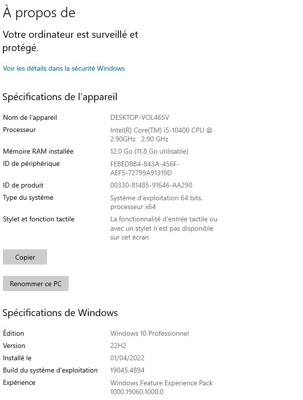 les spécifications d'un ordinateur  Sous WINDOWS :